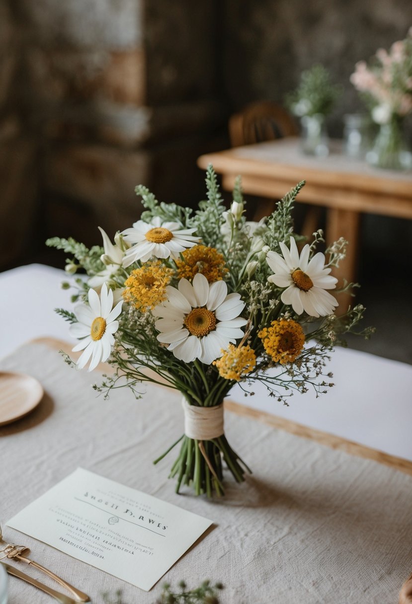 A delicate bouquet of pressed flowers adorns a rustic table, ready to be used for handmade wedding invitations