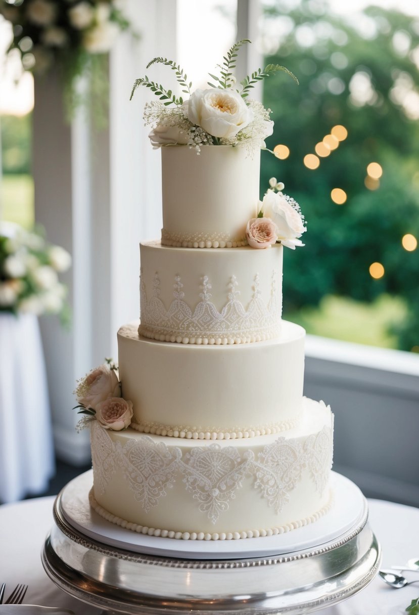 A five-tier wedding cake adorned with vintage lace-inspired details and delicate floral accents