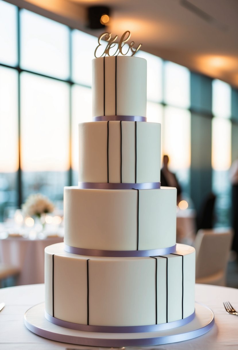 A sleek, five-tiered wedding cake with clean, geometric lines and minimalist design