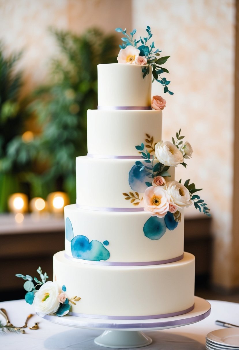 A five-tier wedding cake adorned with watercolor-inspired floral designs in soft pastel colors