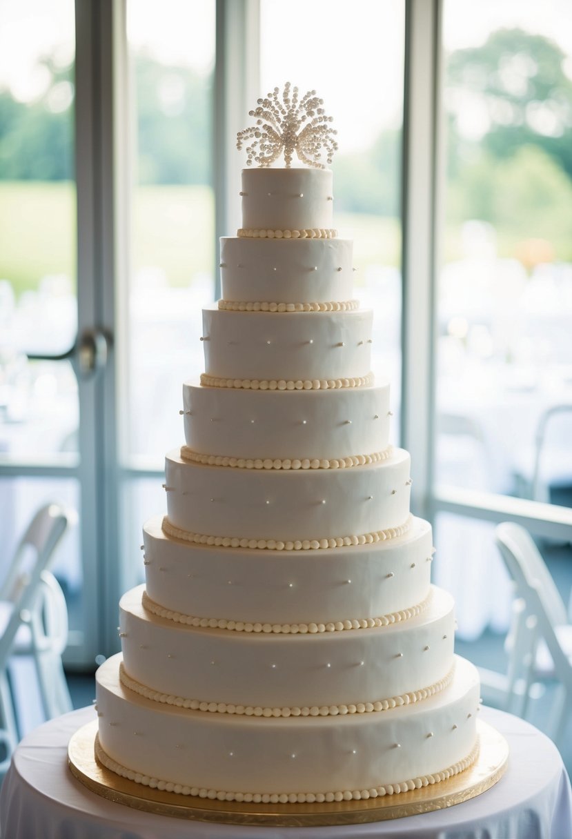 A towering five-tiered white wedding cake adorned with delicate pearl detailing