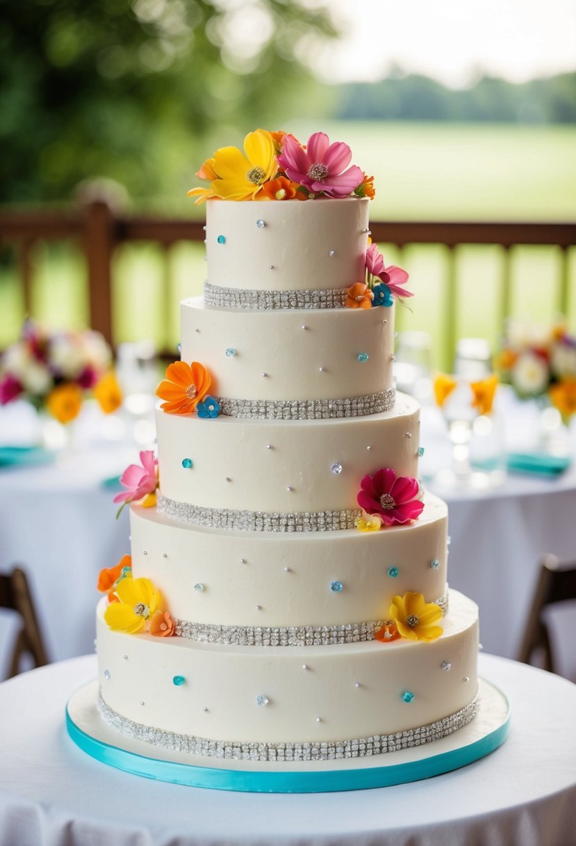 A whimsical five-tier wedding cake adorned with sugar crystals and colorful edible flowers