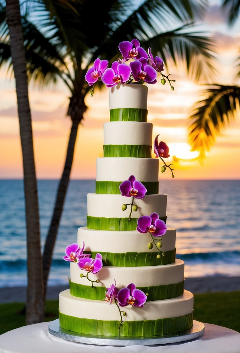 A five-tier tropical wedding cake adorned with edible orchids, set against a backdrop of palm trees and a vibrant sunset over the ocean