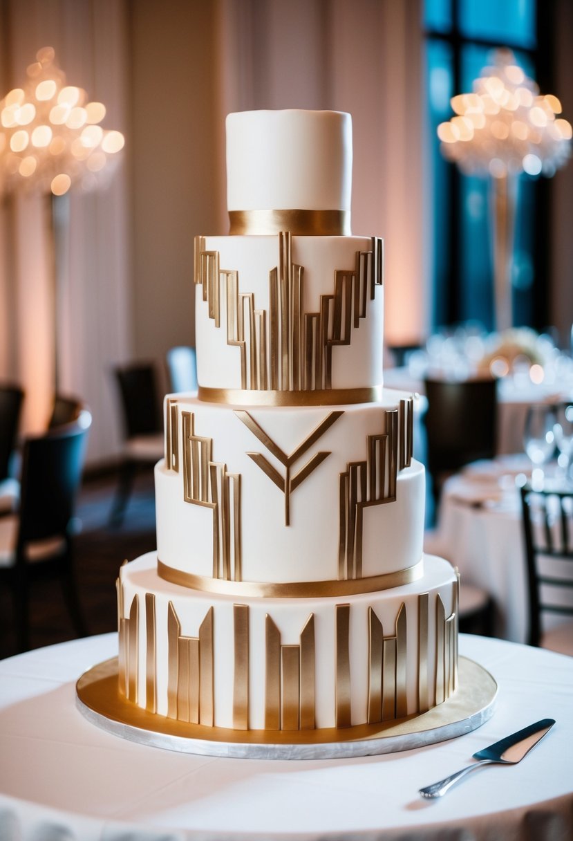 A glamorous five-tiered wedding cake with bold Art Deco-inspired geometric patterns and metallic accents