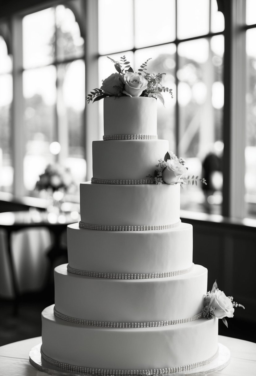 A five-tier wedding cake in monochrome, with understated elegance