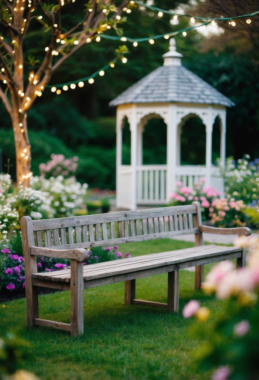 A cozy outdoor garden with twinkling lights and rustic wooden benches, surrounded by blooming flowers and a quaint gazebo