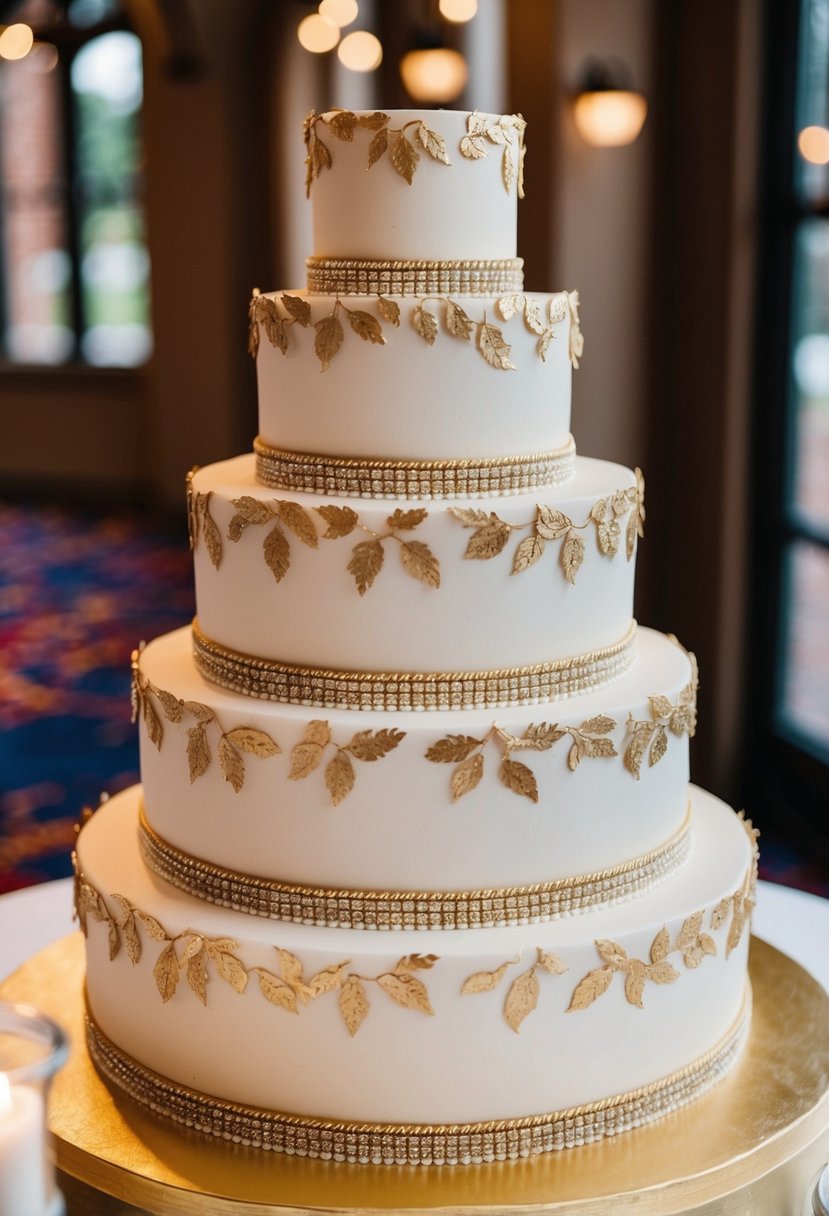 A five-tiered wedding cake adorned with intricate gold leaf detailing