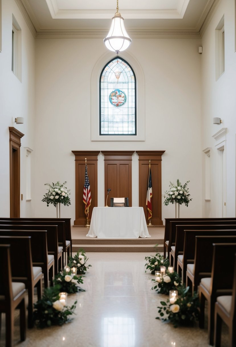 A simple courthouse interior with a small, elegant ceremony set up