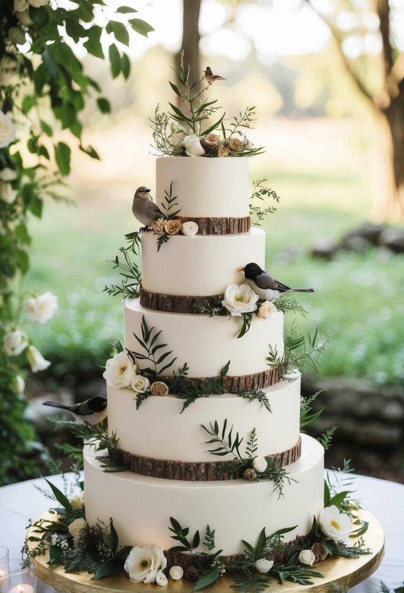 A five-tiered wedding cake adorned with intricate woodland elements, such as delicate leaves, flowers, and birds, all inspired by nature's beauty