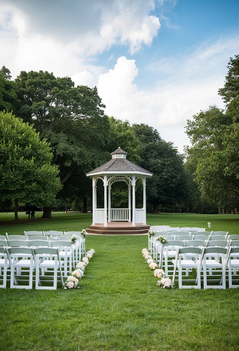 A small gazebo in a public park surrounded by lush greenery, with a simple altar and rows of white chairs set up for a wedding ceremony