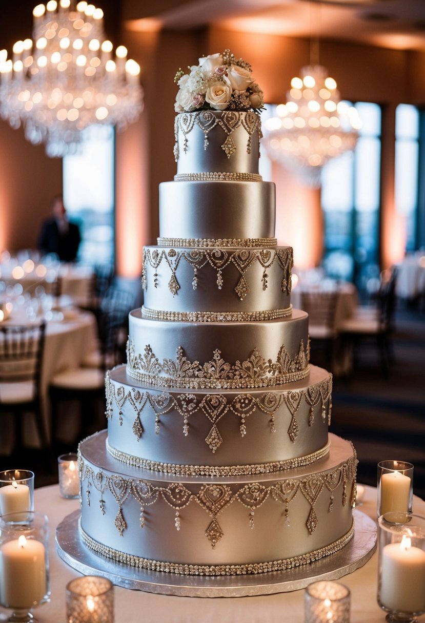 A stunning five-tier metallic wedding cake adorned with glamorous details and intricate designs