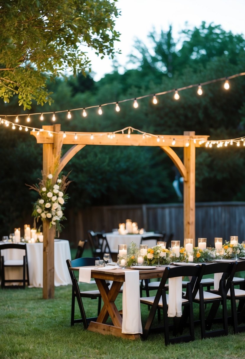 A backyard reception with string lights, a rustic wooden arch, and tables adorned with wildflowers and candles. A budget-friendly wedding venue idea