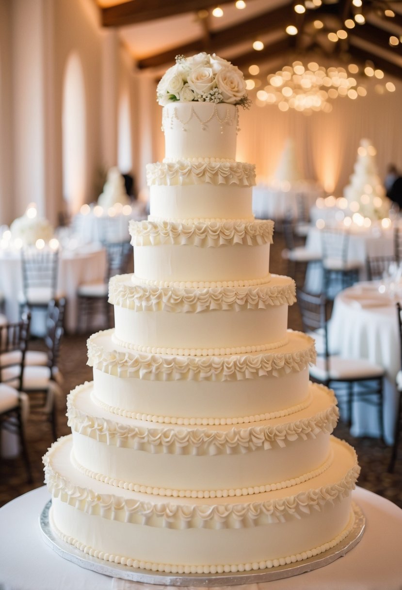 A grand, five-tiered wedding cake adorned with delicate ruffles and intricate detailing, exuding an air of romance and elegance