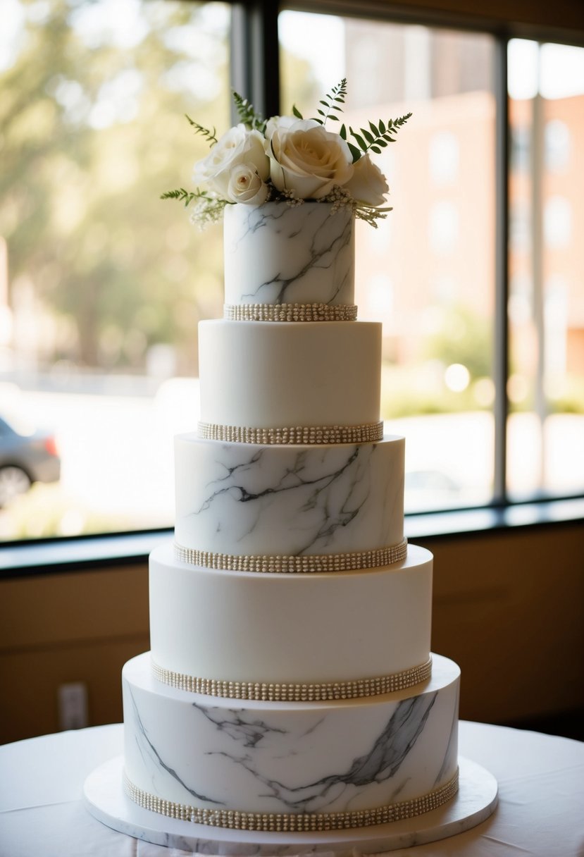 A five-tier wedding cake with an elegant marble effect