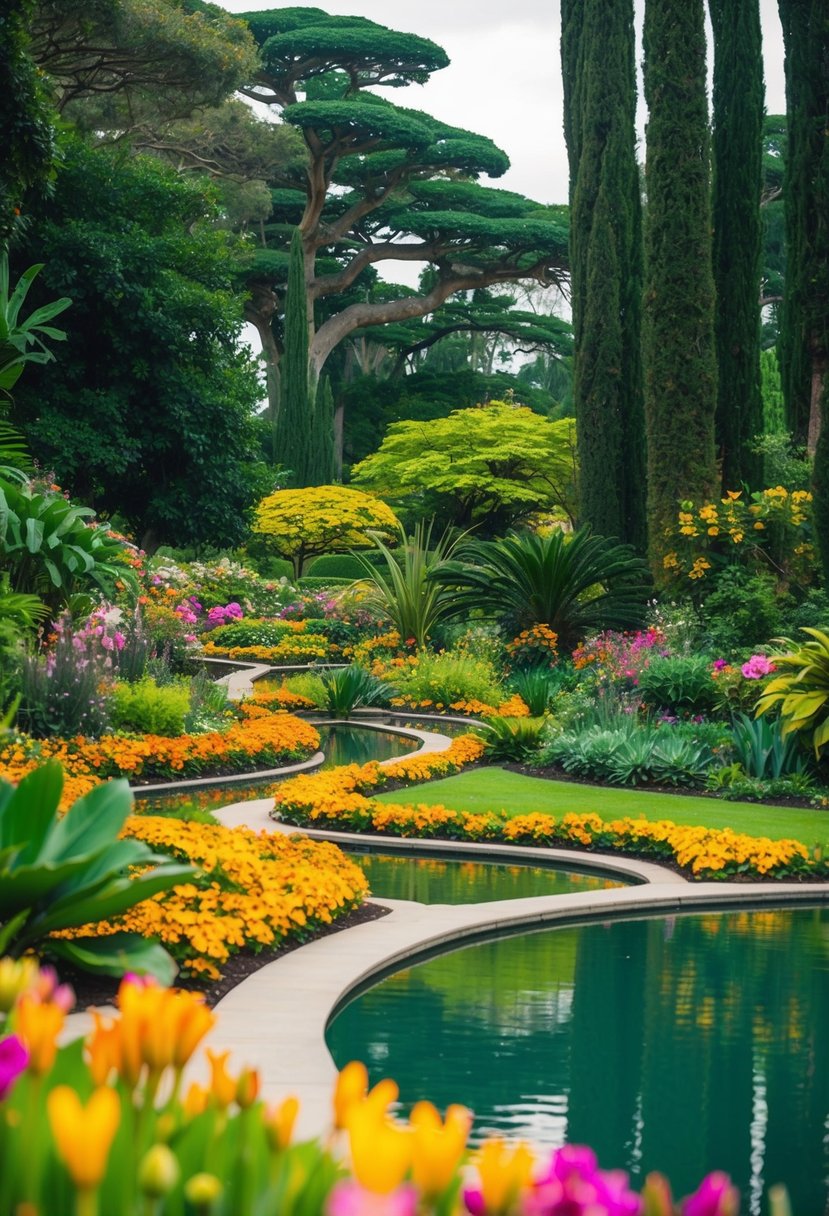 A lush botanical garden with colorful flowers and winding paths, surrounded by towering trees and a tranquil pond