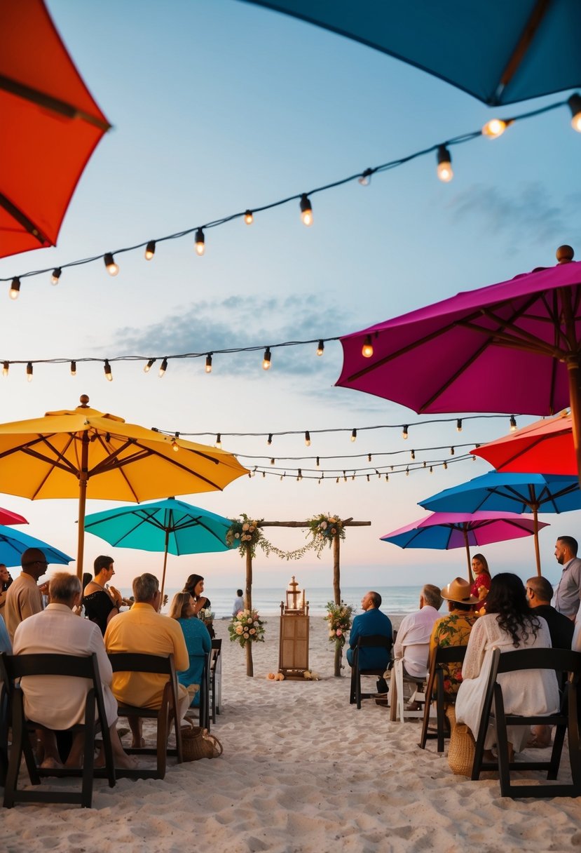 A beachfront gathering with colorful umbrellas, a makeshift altar, and twinkling string lights