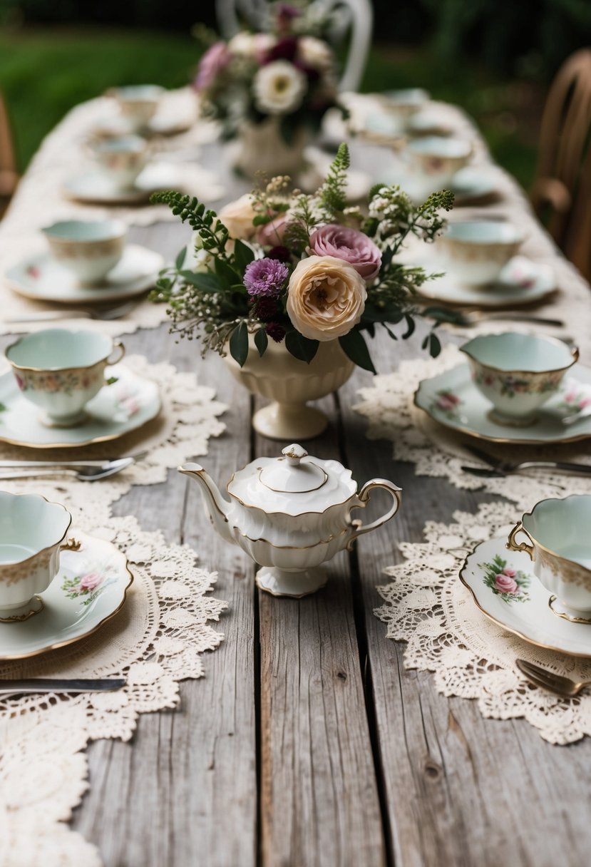 A vintage wedding scene with lace tablecloths, antique teacups, and floral centerpieces on a weathered wooden table