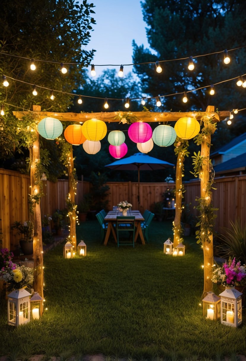 A cozy backyard with twinkling lights, colorful paper lanterns, and a rustic wooden arch for a budget-friendly wedding celebration at an Airbnb or vacation rental