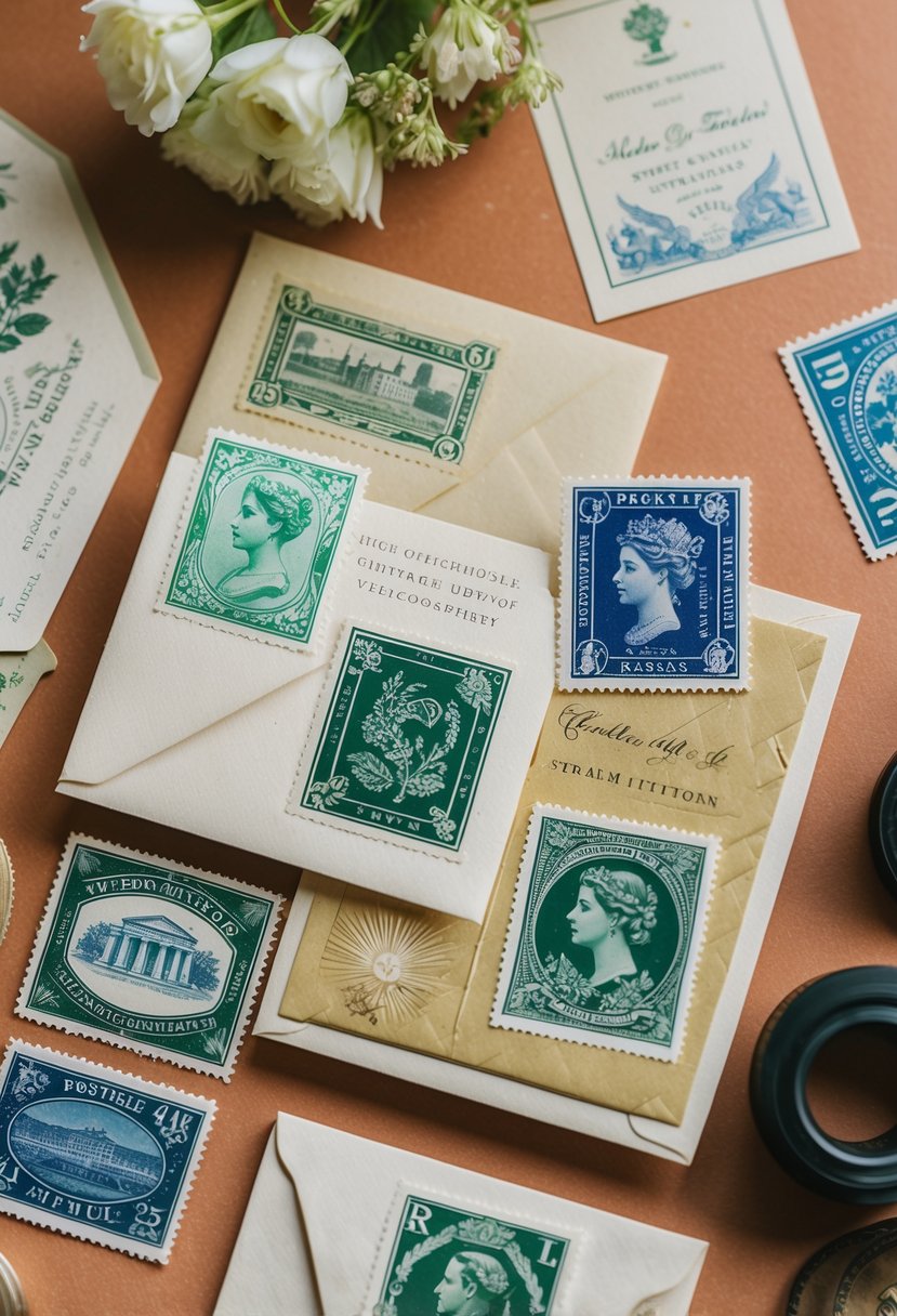 Vintage stamps arranged on vintage wedding invitations