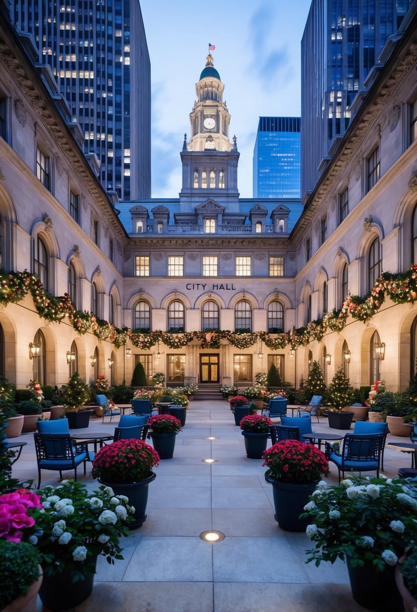 City Hall courtyard filled with festive decorations and seating, surrounded by blooming flowers and twinkling lights