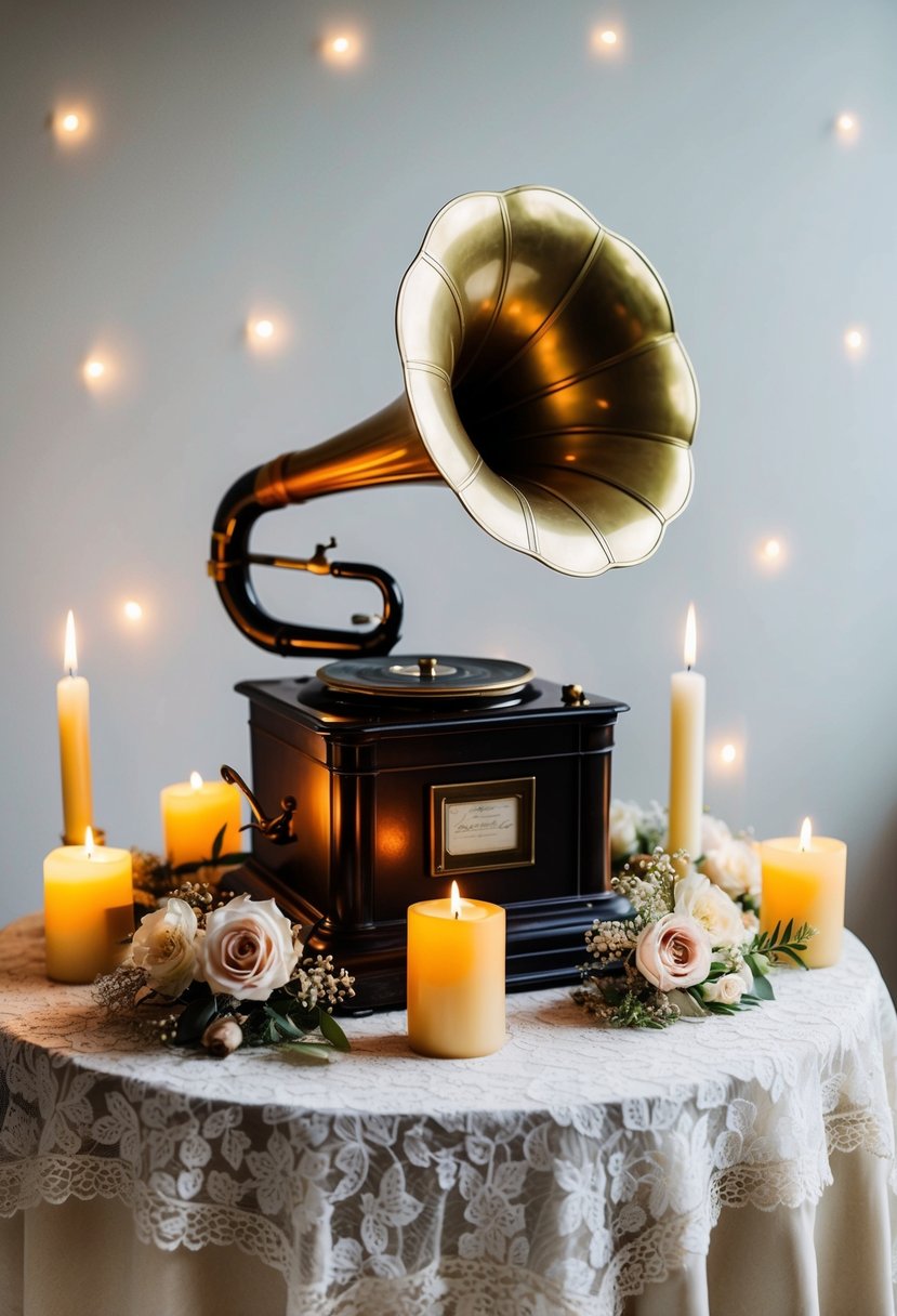 A vintage gramophone sits atop a lace-covered table, surrounded by flickering candles and delicate floral arrangements