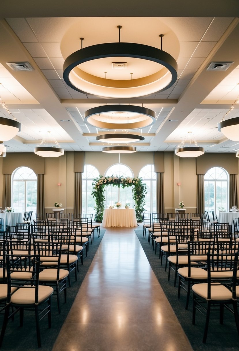 A spacious community center event space with elegant decor and ample natural light, perfect for a budget-friendly wedding venue