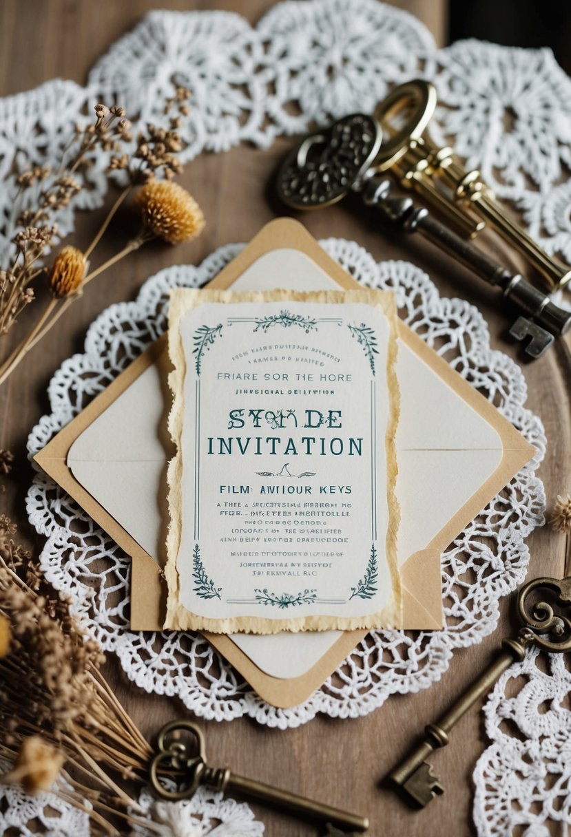 A vintage-style invitation with hand-torn edges sits on a lace doily, surrounded by dried flowers and antique keys