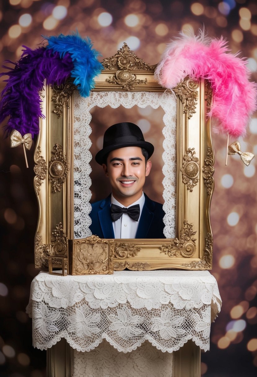 A vintage-style photobooth with a lace backdrop, antique frames, and props like feather boas and bowties