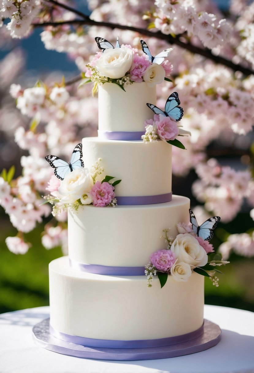 A three-tiered wedding cake adorned with fresh flowers and delicate sugar butterflies, set against a backdrop of blooming cherry blossoms