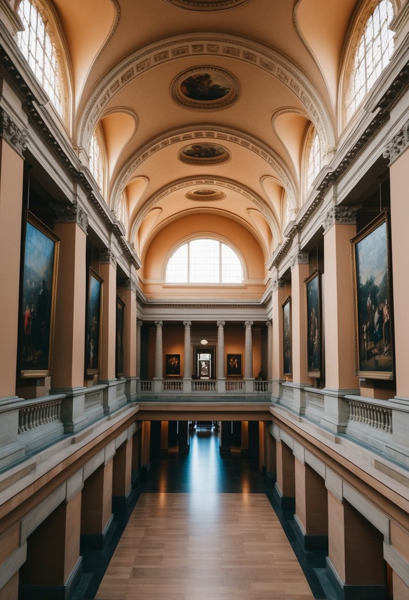 A grand museum hall with ornate ceilings and elegant artwork, bathed in soft, warm light from large windows