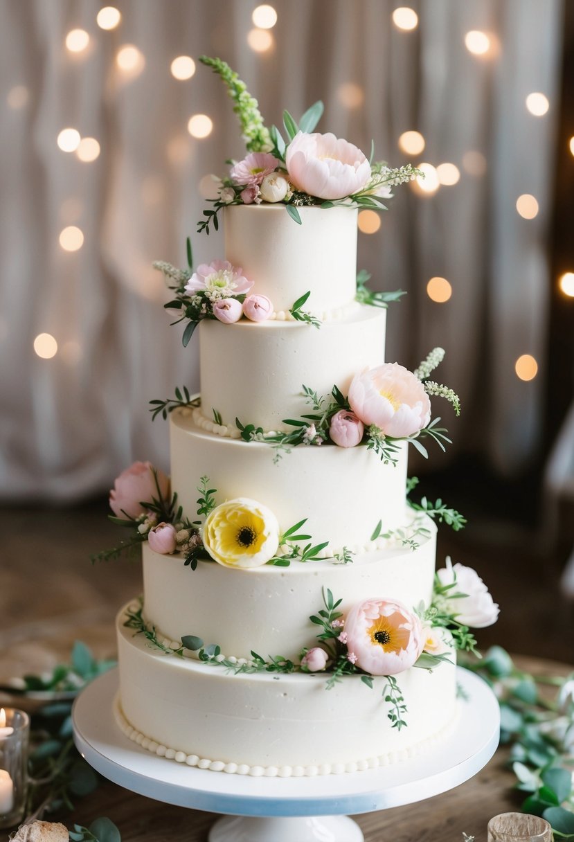 A tiered cake adorned with delicate pastel flowers and greenery, evoking a whimsical and romantic spring wedding atmosphere