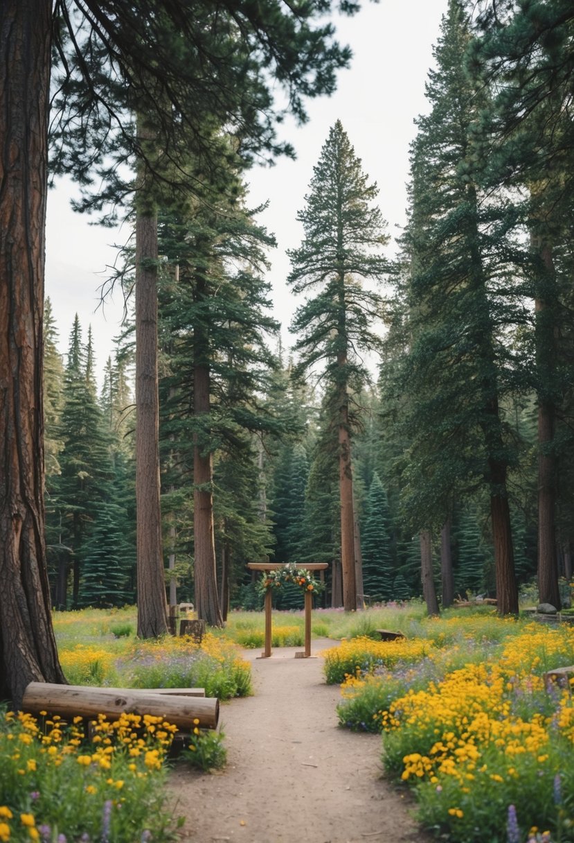 A serene clearing in a national park, surrounded by towering trees and colorful wildflowers, with a simple wooden altar for a wedding ceremony