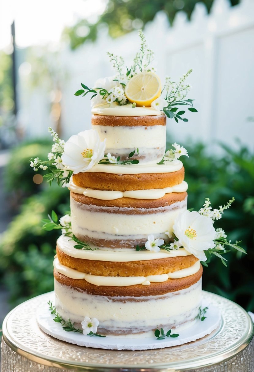 A three-tiered lemon cake with Bavarian cream filling, adorned with delicate white flowers and greenery, sits on a decorated cake stand