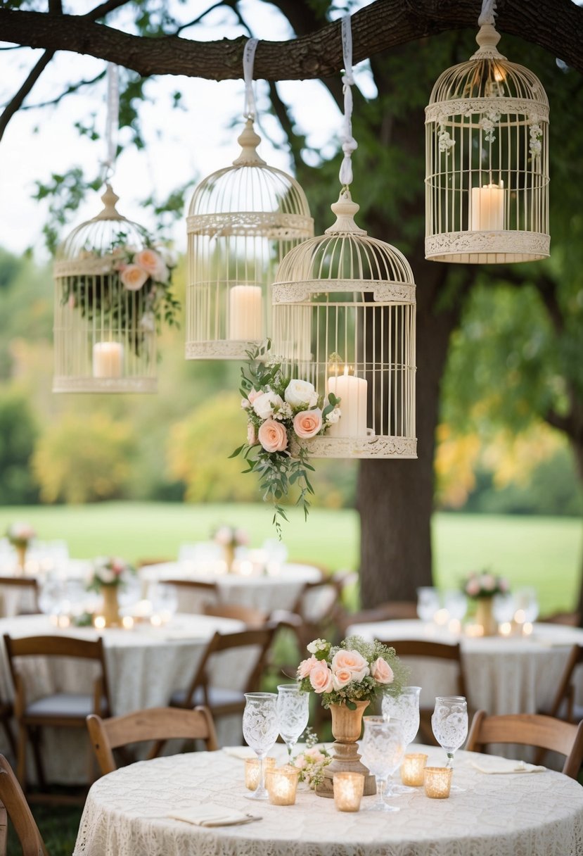 Birdcages hang from trees, adorned with flowers and candles. Tables are draped in lace with vintage centerpieces