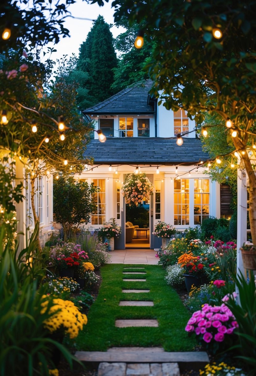 A cozy bed and breakfast with a charming outdoor garden, adorned with twinkling lights and colorful flowers, sets the scene for a romantic and budget-friendly wedding celebration