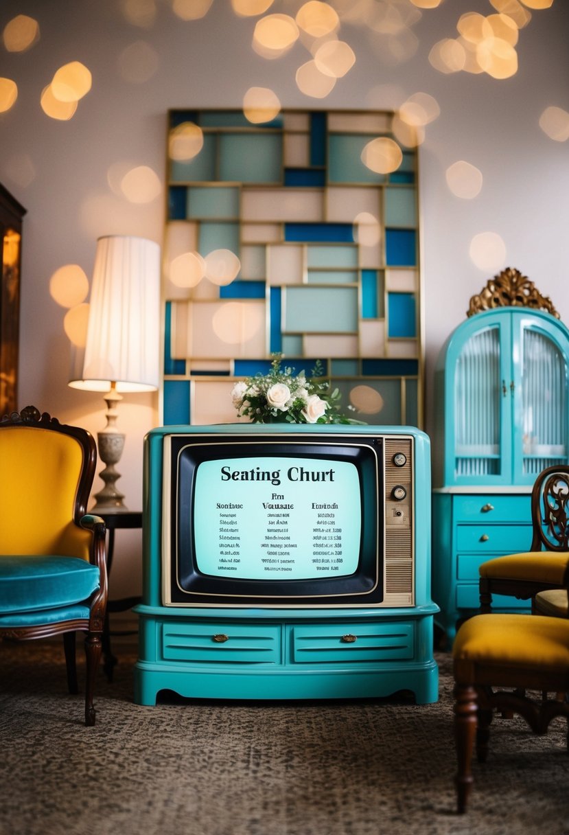 A vintage TV displaying a seating chart for a wedding, surrounded by retro decor and antique furniture