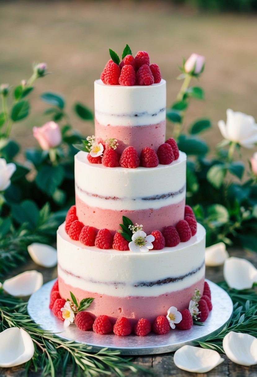 A three-tiered raspberry cake adorned with delicate edible flowers, surrounded by rose petals and greenery