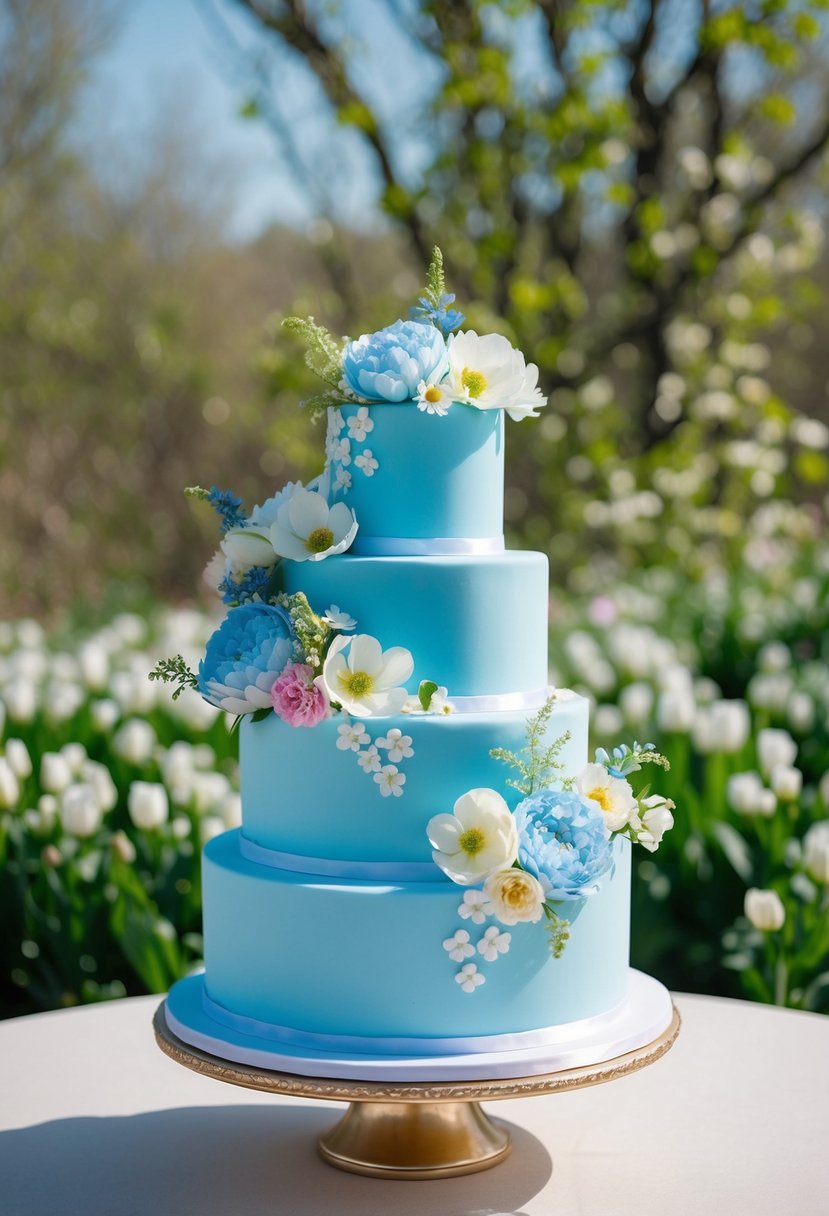 A three-tiered sky blue floral cake adorned with edible blooms, set against a backdrop of spring foliage and soft natural lighting