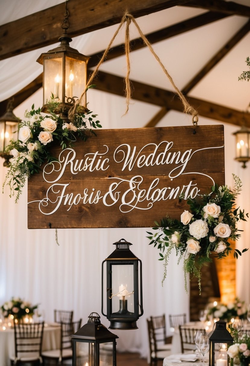 A rustic wooden sign with elegant, flowing script hangs above a vintage wedding reception, surrounded by antique lanterns and delicate floral arrangements