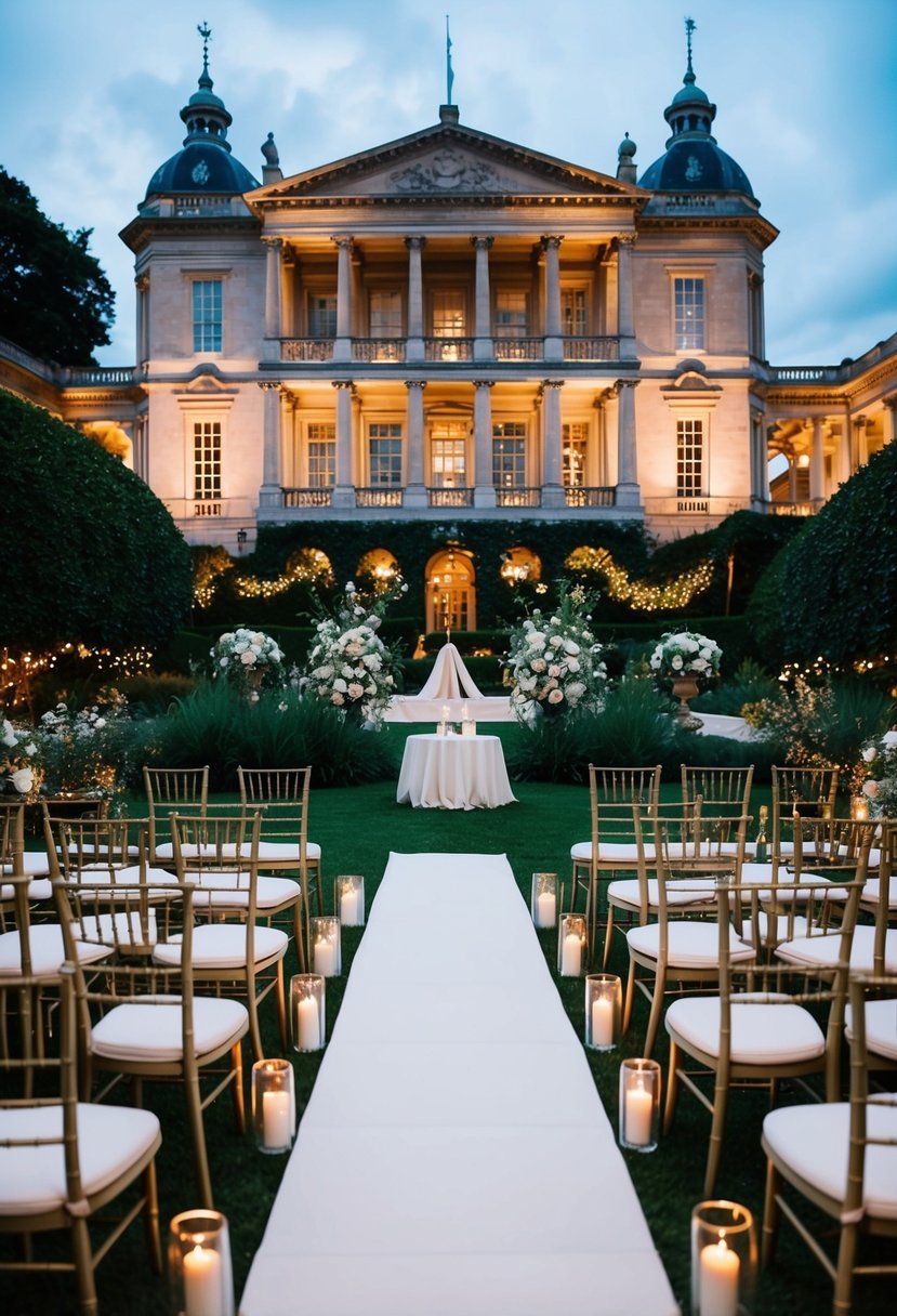 A historic building with grand architecture, surrounded by lush gardens and twinkling lights, set up for a romantic wedding ceremony