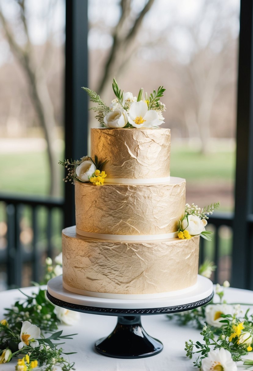 A three-tiered cake adorned with textured gold leaf, surrounded by delicate spring flowers and greenery