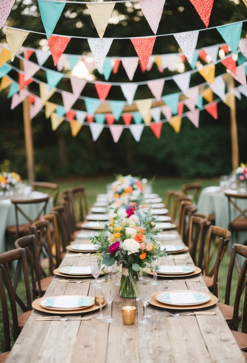 Colorful bunting drapes across rustic tables at a vintage wedding