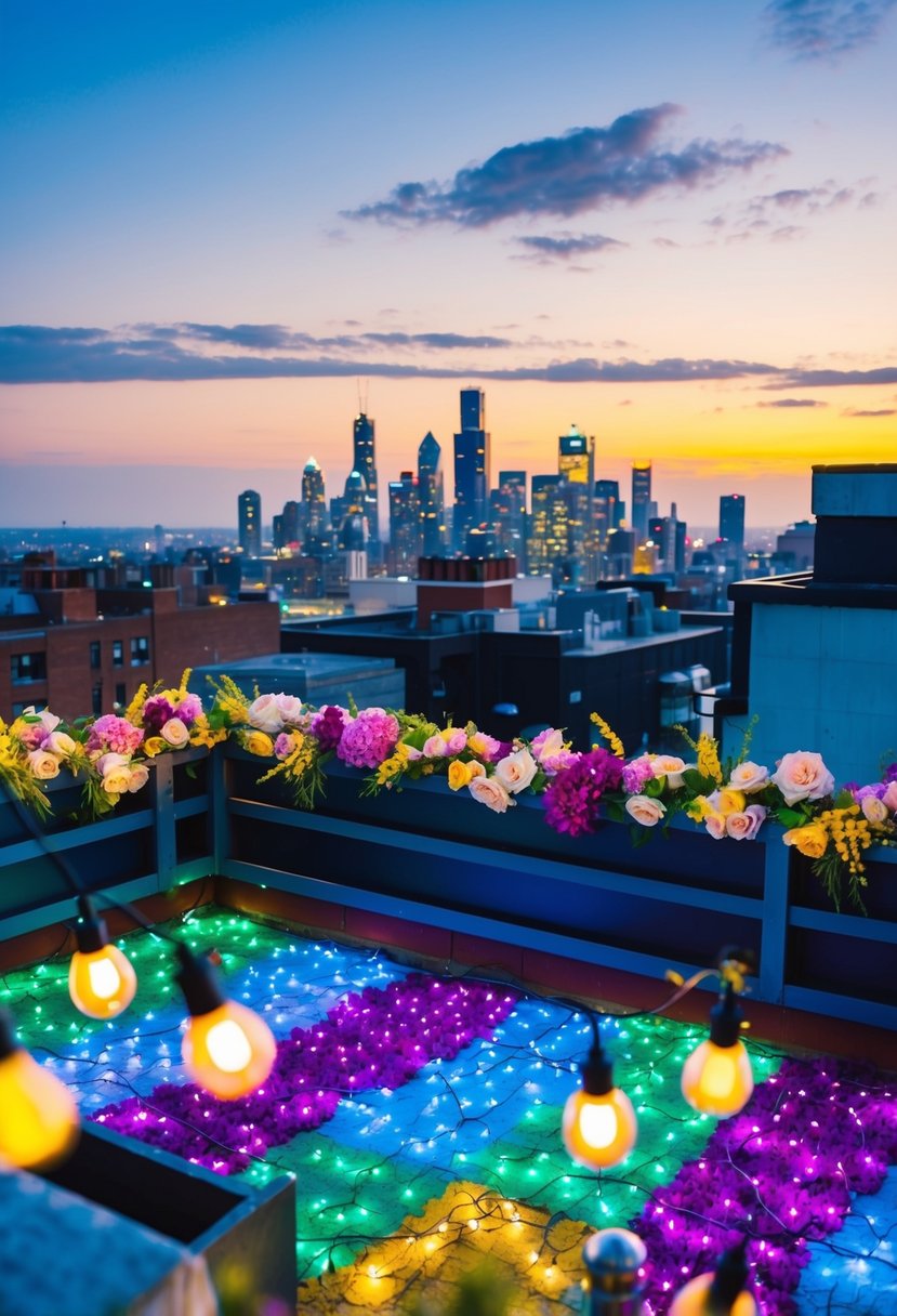 A colorful rooftop adorned with fairy lights and floral decorations, overlooking a city skyline at dusk