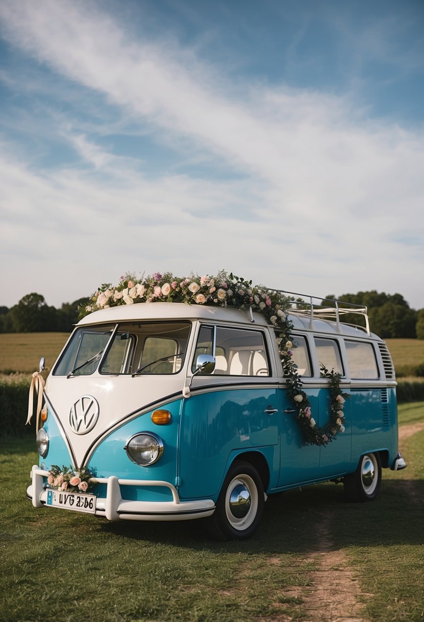 A vintage VW van parked in a romantic countryside setting, adorned with flowers and ribbons for a wedding celebration