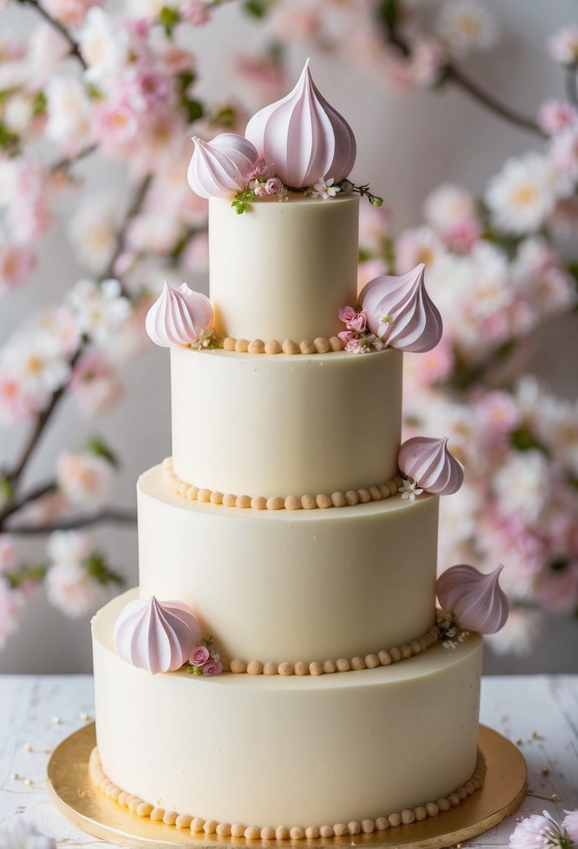 A tiered champagne cake adorned with delicate Italian meringue flowers, set against a backdrop of pastel spring blossoms