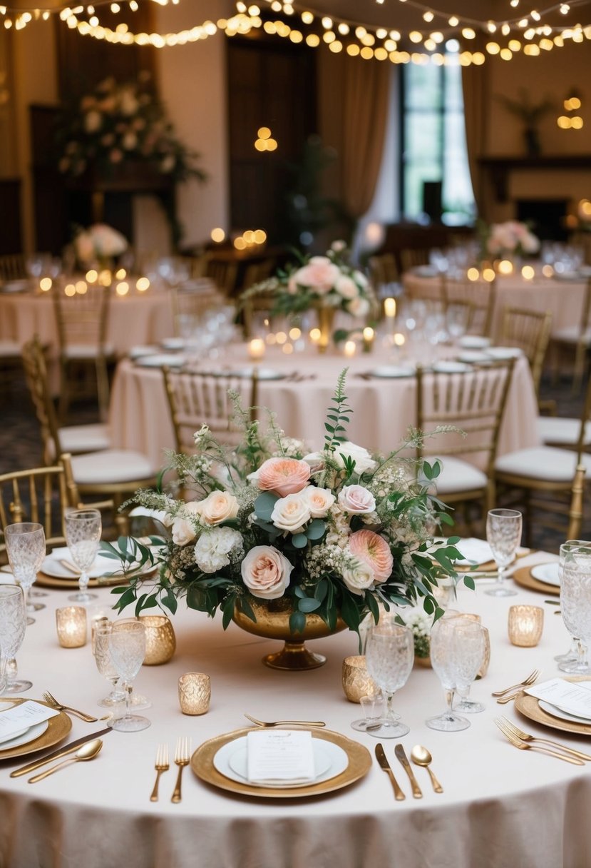 A vintage wedding reception with tables adorned with elegant perennial floral arrangements in soft pastel colors, surrounded by antique decor and twinkling fairy lights