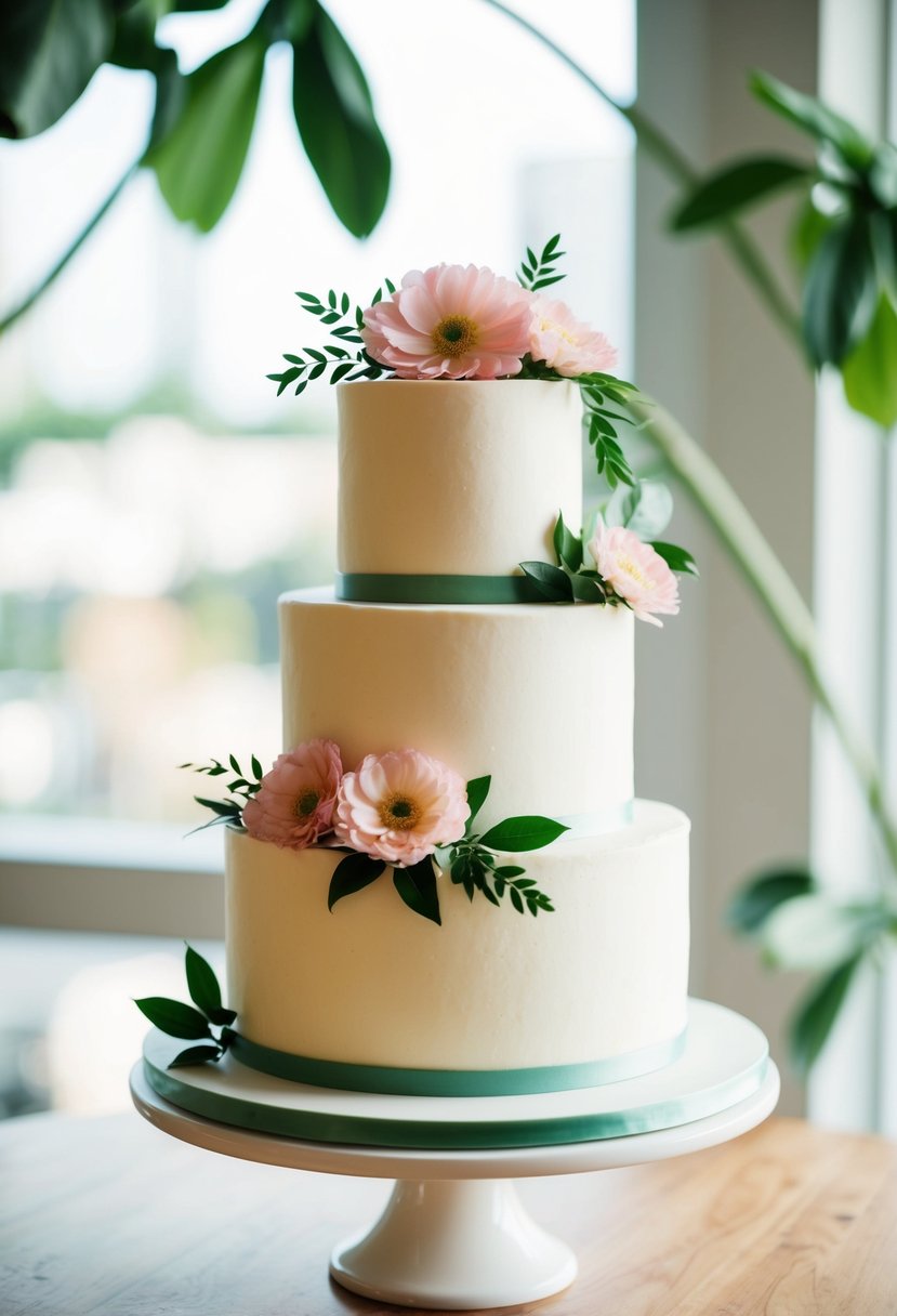 A three-tiered cake with pink flowers and green leaves, set on a white stand