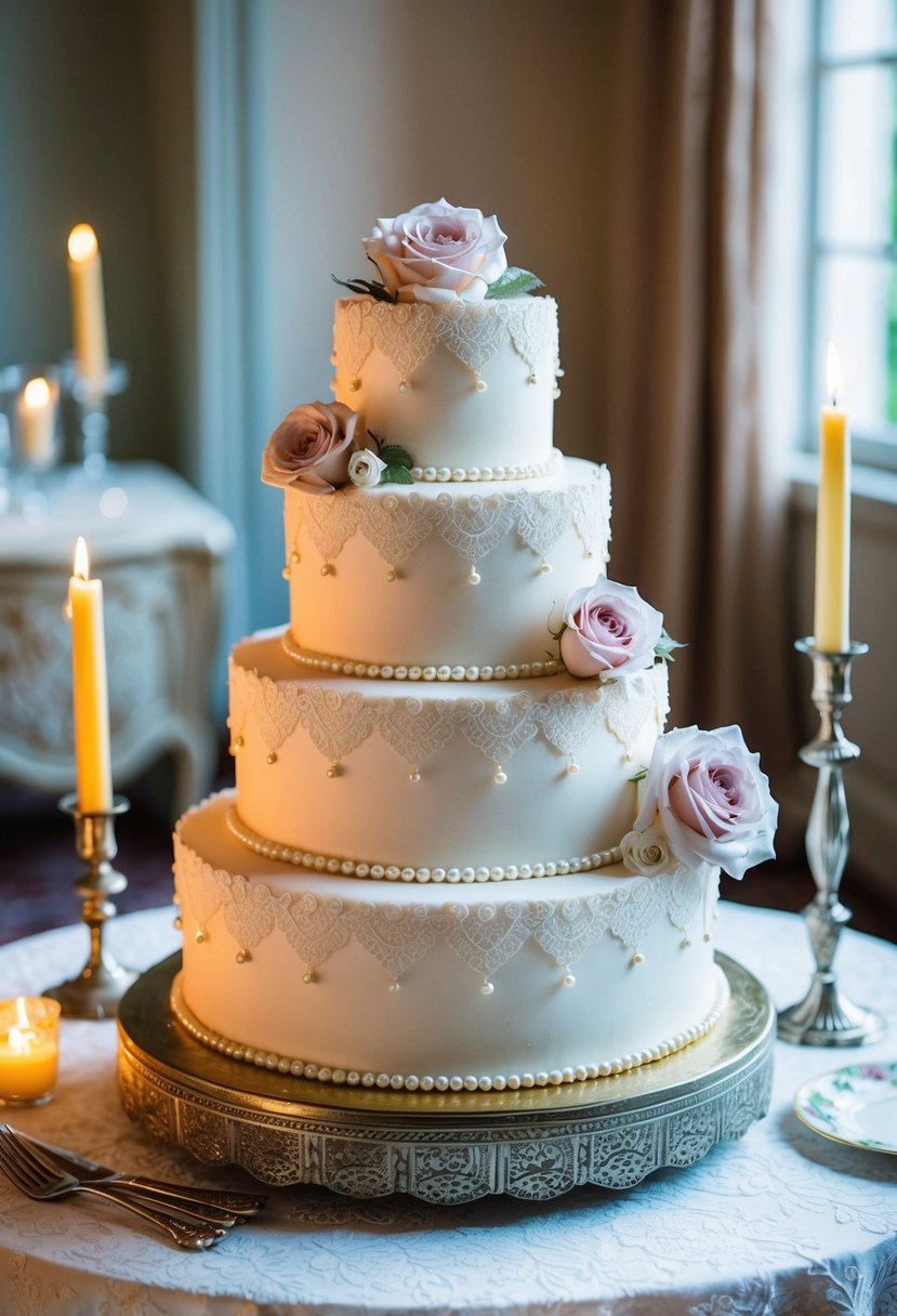 A tiered cake adorned with lace, pearls, and roses sits on a vintage table with delicate china and candlelight