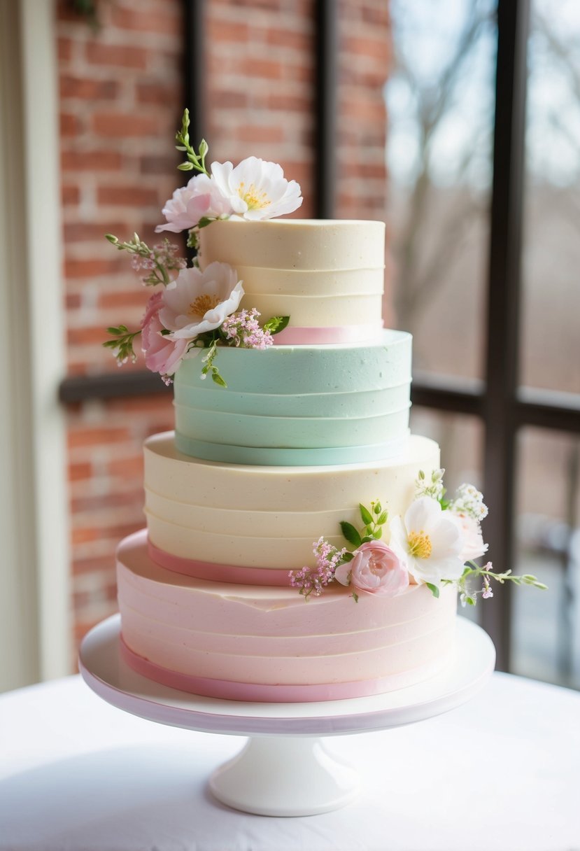 A three-tiered pastel buttercream cake adorned with delicate spring flowers