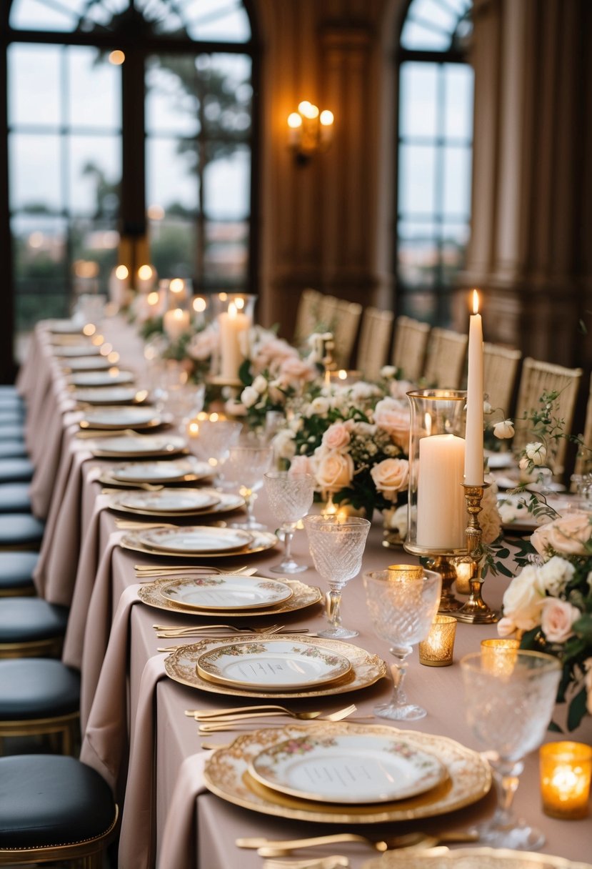 A long banquet table set with ornate vintage dinnerware, elegant glassware, and luxurious linens, adorned with delicate floral centerpieces and flickering candlelight